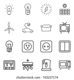 Thin line icon set : bulb, lightning, sun power, windmill, electric car, electrostatic, tv, socket, switch, air conditioning, kettle, microwave oven