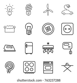 Thin line icon set : bulb, windmill, electric car, electrostatic, cooler fan, power socket, iron, fridge, air conditioning, mixer, elecric oven, hob, board