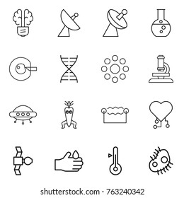 Thin line icon set : bulb brain, satellite antenna, round flask, cell corection, dna, around, microscope, ufo, modify, electrostatic, cardio chip, acid, thermometer, microb