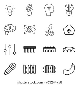 Thin line icon set : bulb, head, brain, eye identity, infinity power, add to basket, equalizer, bridge, pencil, fence, eggplant