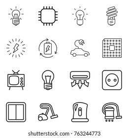 Thin line icon set : bulb, chip, lightning, battery charge, electric car, cpu, tv, air conditioning, power socket, switch, vacuum cleaner, kettle
