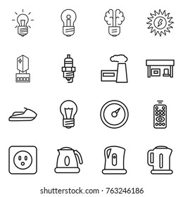 Thin line icon set : bulb, brain, sun power, crystall memory, spark plug, factory, gas station, jet ski, barometer, remote control, socket, kettle