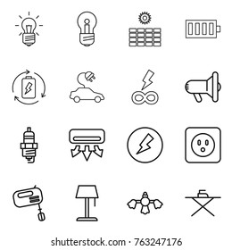 Thin line icon set : bulb, sun power, battery, charge, electric car, infinity, megafon, spark plug, air conditioning, electricity, socket, mixer, floor lamp, hard reach place cleaning, iron board