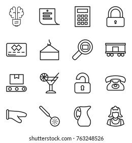 Thin line icon set : bulb brain, shopping list, calculator, lock, credit card, loading crane, cargo search, railroad shipping, transporter tape, cocktail, unlocked, phone, cook glove, skimmer, jug