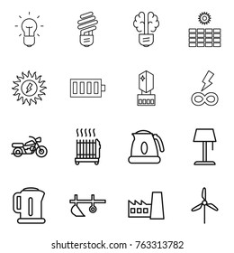 Thin line icon set : bulb, brain, sun power, battery, crystall memory, infinity, motorcycle, radiator, kettle, floor lamp, plow, factory, windmill