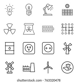 Thin line icon set : bulb, table lamp, sun power, nuclear, battery, chip, barrel, socket, windmill, factory, ecology
