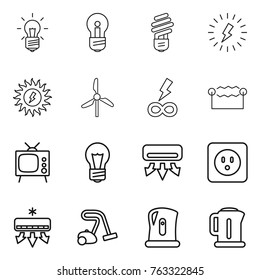 Thin line icon set : bulb, lightning, sun power, windmill, infinity, electrostatic, tv, air conditioning, socket, vacuum cleaner, kettle