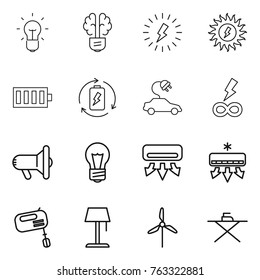 Thin line icon set : bulb, brain, lightning, sun power, battery, charge, electric car, infinity, megafon, air conditioning, mixer, floor lamp, windmill, iron board