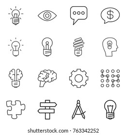 Thin line icon set : bulb, eye, message, money, head, brain, gear, chip, puzzle, singlepost, draw compass
