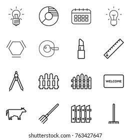 Thin line icon set : bulb, circle diagram, calendar, hex molecule, cell corection, lipstick, ruler, drawing compasses, fence, welcome mat, cow, fork, rake