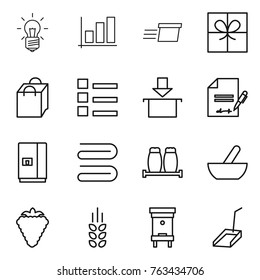 Thin line icon set : bulb, graph, delivery, gift, shopping bag, list, package, inventory, fridge, towel, salt pepper, mortar, berry, spikelets, hive, scoop