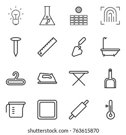 Thin line icon set : bulb, flask, sun power, fingerprint, nail, ruler, construction, bath, hanger, iron, board, scoop, measuring cup, cutting, rolling pin, thermometer