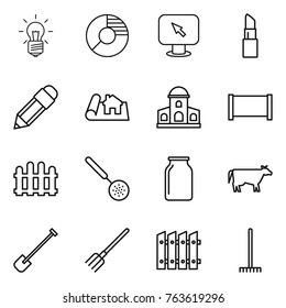 Thin line icon set : bulb, circle diagram, monitor arrow, lipstick, pencil, project, mansion, fence, skimmer, bank, cow, shovel, fork, rake