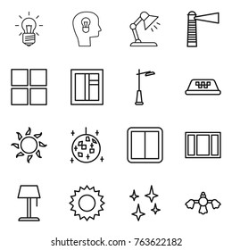 Thin line icon set : bulb, head, table lamp, lighthouse, window, outdoor light, taxi, sun, disco ball, power switch, floor, shining, hard reach place cleaning