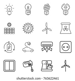 Thin line icon set : bulb, brain, sun power, windmill, nuclear, battery charge, electric car, air conditioning, socket, switch, mixer, coffee maker
