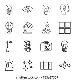 Thin line icon set : bulb, eye, head, brain, table lamp, infinity power, window, outdoor light, traffic, camera, alarm, shining, clean, hard reach place cleaning