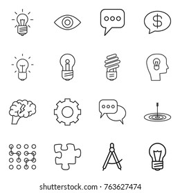 Thin line icon set : bulb, eye, message, money, head, brain, gear, discussion, target, chip, puzzle, draw compass