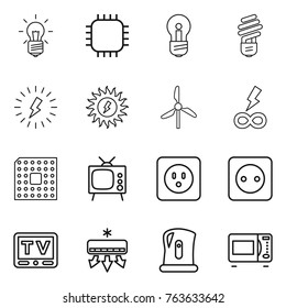 Thin line icon set : bulb, chip, lightning, sun power, windmill, infinity, cpu, tv, socket, air conditioning, kettle, microwave oven