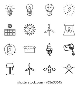 Thin line icon set : bulb, brain, lightning, sun power, windmill, nuclear, battery charge, electrostatic, spark plug, mixer, floor lamp, hard reach place cleaning, iron board