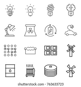 Thin line icon set : bulb, brain, table lamp, nuclear power, battery charge, electric car, chip, electrostatic, panel house, windmill, barrel, radiator, pancakes