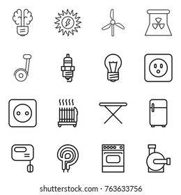 Thin line icon set : bulb brain, sun power, windmill, nuclear, segway, spark plug, socket, radiator, iron board, fridge, mixer, elecric oven, water pump