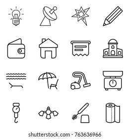 Thin line icon set : bulb, satellite antenna, bang, pencil, wallet, home, atm receipt, mansion, lounger, vacuum cleaner, kitchen scales, handle, hard reach place cleaning, toilet brush, paper towel