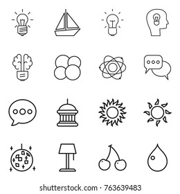 Thin line icon set : bulb, boat, head, brain, atom core, discussion, balloon, goverment house, sun, disco ball, floor lamp, cherry, drop