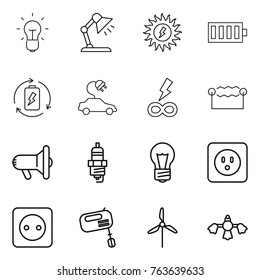 Thin line icon set : bulb, table lamp, sun power, battery, charge, electric car, infinity, electrostatic, megafon, spark plug, socket, mixer, windmill, hard reach place cleaning