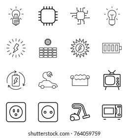 Thin line icon set : bulb, chip, lightning, sun power, battery, charge, electric car, electrostatic, tv, socket, vacuum cleaner, microwave oven