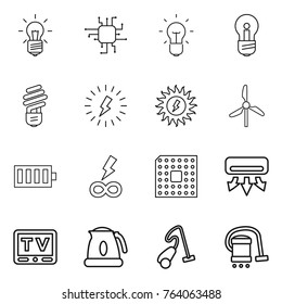 Thin line icon set : bulb, chip, lightning, sun power, windmill, battery, infinity, cpu, air conditioning, tv, kettle, vacuum cleaner