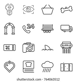 Thin line icon set : bulb brain, eye identity, basket, bone, arch, phone 24, truck shipping, ticket, camera, shark flipper, antique column, heart pendant, cooking book, rain cloud, clean window