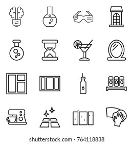 Thin line icon set : bulb brain, round flask, smart glasses, building, chemical, sand clock, cocktail, mirror, window, vegetable oil, spices, coffee maker, clean floor, wiping
