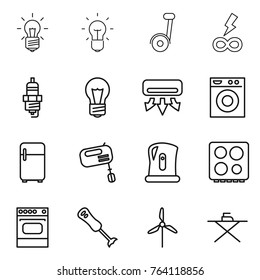 Thin line icon set : bulb, segway, infinity power, spark plug, air conditioning, washing machine, fridge, mixer, kettle, hob, oven, blender, windmill, iron board