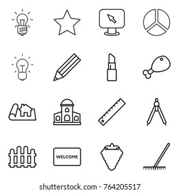 Thin line icon set : bulb, star, monitor arrow, diagram, pencil, lipstick, chicken leg, project, mansion, ruler, drawing compasses, fence, welcome mat, berry, rake