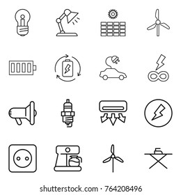 Thin line icon set : bulb, table lamp, sun power, windmill, battery, charge, electric car, infinity, megafon, spark plug, air conditioning, electricity, socket, coffee maker, iron board