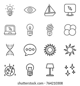 Thin line icon set : bulb, eye, boat, monitor arrow, notebook, atom core, dna, balloon, sun, disco ball, floor lamp, shining