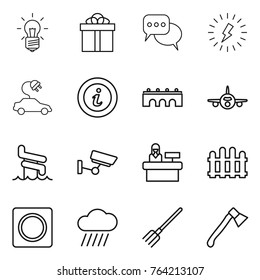Thin line icon set : bulb, gift, discussion, lightning, electric car, info, bridge, plane, aquapark, surveillance, reception, fence, ring button, rain cloud, fork, axe