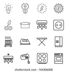 Thin line icon set : bulb, brain, lightning, sun power, infinity, electrostatic, air conditioning, socket, radiator, iron, board, fridge, mixer, hob, oven