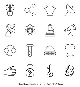 Thin line icon set : bulb brain, molecule, hex, satellite antenna, atom, microscope, telescope, quantum bond, vial, lunar rover, cardio chip, acid, chemical, thermometer, microb
