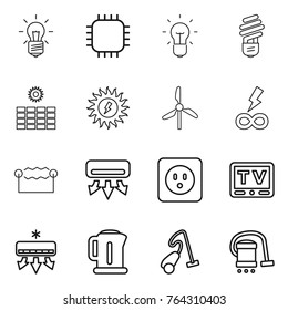 Thin line icon set : bulb, chip, sun power, windmill, infinity, electrostatic, air conditioning, socket, tv, kettle, vacuum cleaner