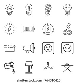 Thin line icon set : bulb, brain, lightning, battery, charge, infinity power, electrostatic, megafon, socket, mixer, floor lamp, windmill, iron board
