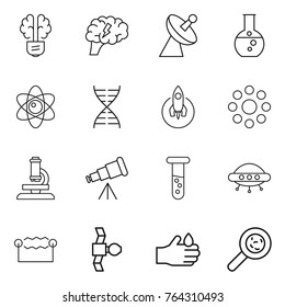 Thin line icon set : bulb brain, satellite antenna, round flask, atom, dna, rocket, around, microscope, telescope, vial, ufo, electrostatic, acid, viruses