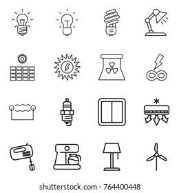Thin line icon set : bulb, table lamp, sun power, nuclear, infinity, electrostatic, spark plug, switch, air conditioning, mixer, coffee maker, floor, windmill