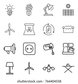 Thin line icon set : bulb, table lamp, sun power, windmill, nuclear, battery charge, electrostatic, megafon, socket, mixer, coffee maker, floor, hard reach place cleaning, iron board