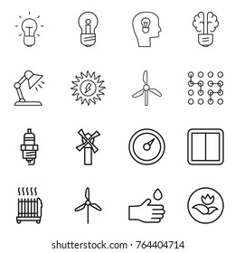 Thin line icon set : bulb, head, brain, table lamp, sun power, windmill, chip, spark plug, barometer, switch, radiator, hand drop, ecology