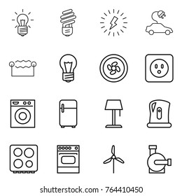 Thin line icon set : bulb, lightning, electric car, electrostatic, cooler fan, power socket, washing machine, fridge, floor lamp, kettle, hob, oven, windmill, water pump