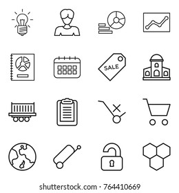 Thin line icon set : bulb, woman, diagram, statistics, annual report, calendar, sale label, mansion, truck shipping, clipboard, do not trolley sign, cart, earth, suitcase, unlocked, honeycombs