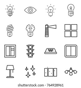 Thin line icon set : bulb, eye, brain, lighthouse, window, traffic light, taxi, power switch, floor lamp, shining, clean, hard reach place cleaning