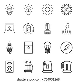 Thin line icon set : bulb, gear, sun power, nuclear, battery charge, crystall memory, infinity, spark plug, barrel, electricity, speaker, radiator, kettle