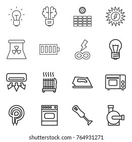 Thin line icon set : bulb, brain, sun power, nuclear, battery, infinity, air conditioning, radiator, iron, grill oven, elecric, blender, water pump